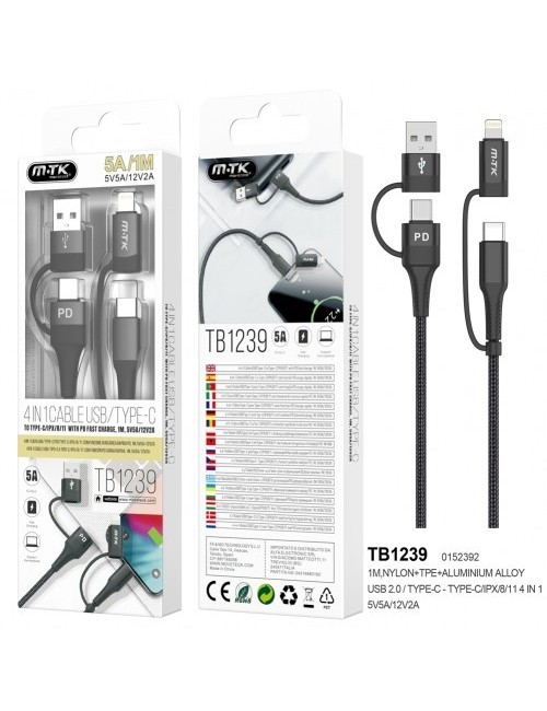 Cable 4EN1 1M 5A Lightning / MicroUsb/ TipoC TB1239